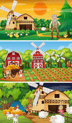 Different farm scenes with old farmer and animal cartoon character