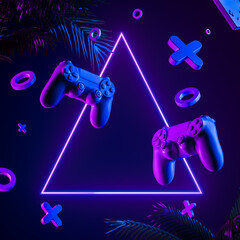Realistic joystick and headphones on an abstract neon glowing background. Virtual reality. Neon geometric triangle or frame. Mock up. 3d rendering