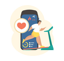 Smart online workout app. Man runs treadmill with cardio control mobile application. Digital indicators calorie burn fitness tracker and bracelet. Online physical trainer. Vector flat concept