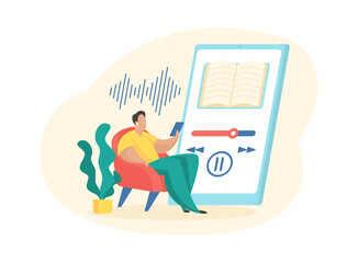 Man listening audio book in application. Mobile online leisure learning. Fascinating digital library and mobile educational literature. Tapping podcasts and lectures. Vector flat concept