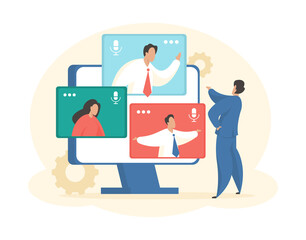 Chief conducts online video conference. Male character has emotional web chat with team. Virtual solution work problems and project optimization. Remote job. Vector flat illustration