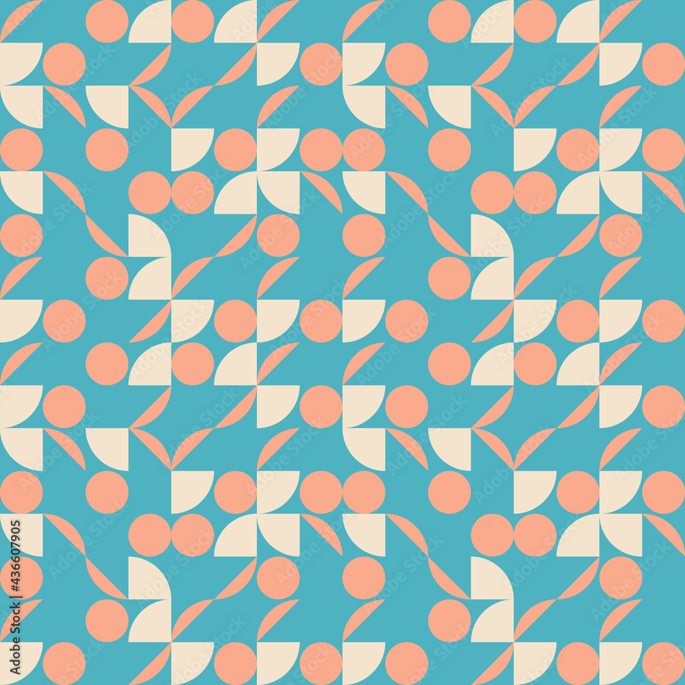 Aufkleber Modern vector abstract seamless geometric pattern with semicircles and circles in retro scandinavian style. Pastel colored simple shapes background.