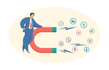 Businessman attracts users and likes. Marketing strategy engaging new content and buyers. Man in suit holds magnetic horseshoe with symbols flying towards. Seo optimization. Vector flat concept