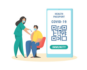 Vaccination for obtaining immune passport. Masked male character injected with coronavirus vaccine. Immunization for travelers with personal qr code in mobile app. Vector flat illustration