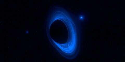 Black hole. Dark night sky. Dark interstellar space. 2d illustration. Cosmos. Powerful stars in a deep space. Blue cold nebula. Galactic center. Matter collapse.