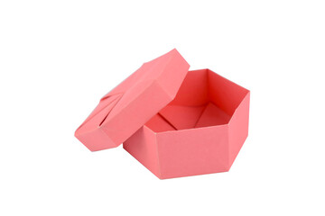 Person holding a lid of a hand made paper crafted gift box of pink color