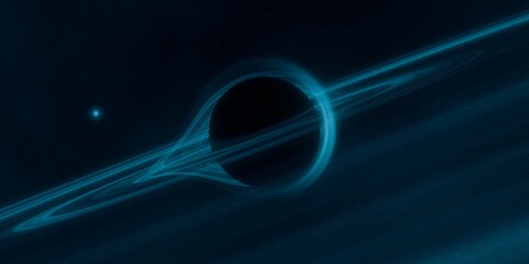 Black hole. Dark night sky. Dark interstellar space. 2d illustration. Cosmos. Powerful stars in a deep space. Blue cold nebula. Galactic center. Matter collapse.