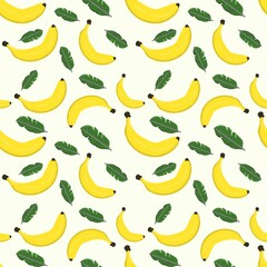 Seamless pattern of bananas and leaves on colored background. The illustration is hand-drawn. Design for clothing fabric, paper and other objects. Digital illustration.