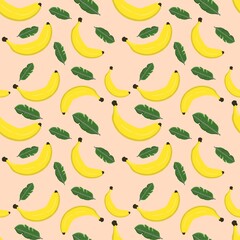 Seamless pattern of bananas and leaves on colored background. The illustration is hand-drawn. Design for clothing fabric, paper and other objects. Digital illustration.