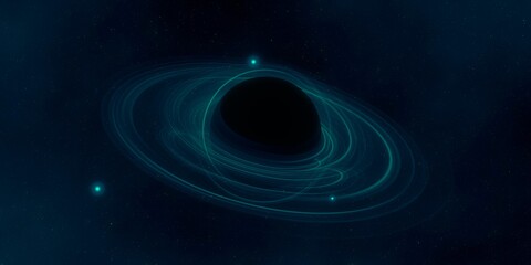 Black hole. Dark night sky. Dark interstellar space. 2d illustration. Cosmos. Powerful stars in a deep space. Blue cold nebula. Galactic center. Matter collapse.
