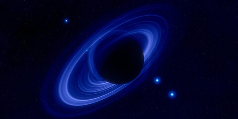 Black hole. Dark night sky. Dark interstellar space. 2d illustration. Cosmos. Powerful stars in a deep space. Blue cold nebula. Galactic center. Matter collapse.