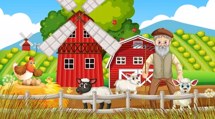 Fototapeten Farm at daytime scene with old farmer man and farm animals © GraphicsRF