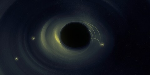 Black hole. Dark night sky. Dark interstellar space. 2d illustration. Cosmos. Powerful stars in a deep space. Blue cold nebula. Galactic center. Matter collapse.