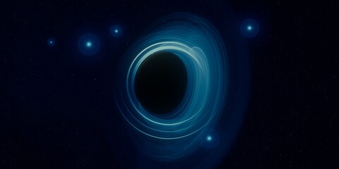 Black hole. Dark night sky. Dark interstellar space. 2d illustration. Cosmos. Powerful stars in a deep space. Blue cold nebula. Galactic center. Matter collapse.