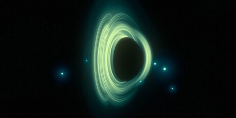 Black hole. Dark night sky. Dark interstellar space. 2d illustration. Cosmos. Powerful stars in a deep space. Blue cold nebula. Galactic center. Matter collapse.