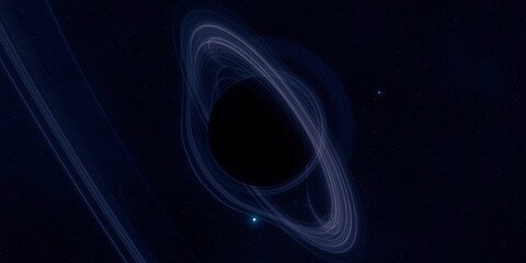 Black hole. Dark night sky. Dark interstellar space. 2d illustration. Cosmos. Powerful stars in a deep space. Blue cold nebula. Galactic center. Matter collapse.