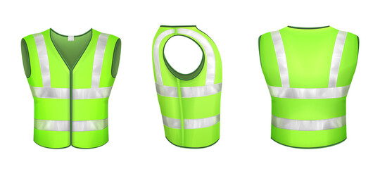 Green safety vest with reflective stripes, uniform for road workers, construction works or drivers. Vector realistic 3d waistcoat with reflectors in front side back view isolated on white background.