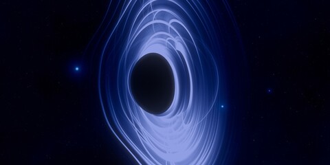 Black hole. Dark night sky. Dark interstellar space. 2d illustration. Cosmos. Powerful stars in a deep space. Blue cold nebula. Galactic center. Matter collapse.