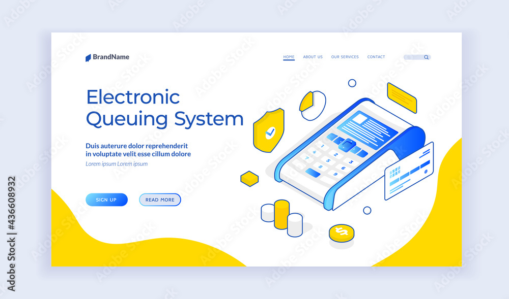 Poster modern vector template of web page with terminal and money icons on white background with space for 