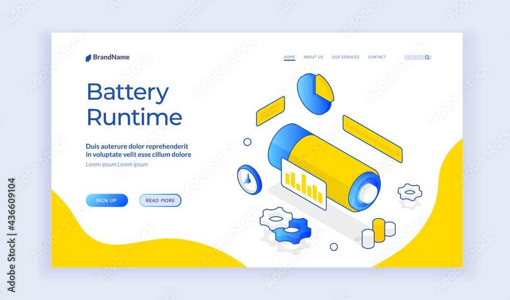 Poster blue graphic elements of battery and graphs on front page of web page offering to learn more about b