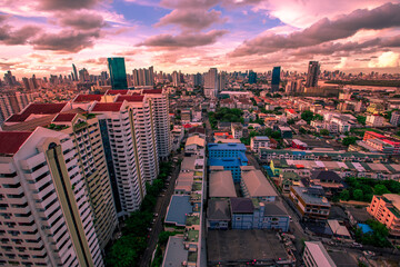 The high angle background of the city view with the secret light of the evening, blurring of night...