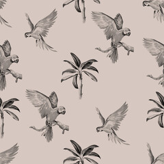 Fototapeta premium Watercolor drawing of exotic parrot seamless pattern.