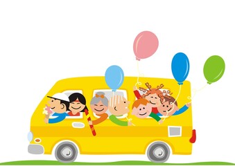 Obraz na płótnie Canvas Family road trip, people at yellow car with balloons, sweet and ice cream, funny vector illustration