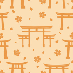 Modern Torii gates seamless pattern. Tori (Torii) gates hand drawn print for seamless background. Trendy retro asian ornament for paper, fabric, textile, clothes. Square oriental culture japan vector.