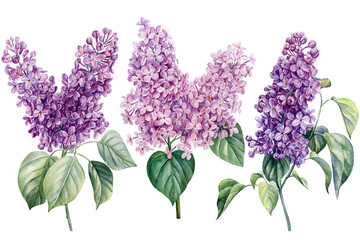 Elegant lilac flowers on isolated white background, watercolor illustration, collection, greeting cards