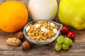 Breakfast with granola and milk
