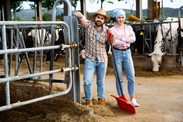 Portrait of successful young happy cheerful couple of professional breeders standing in cowshed