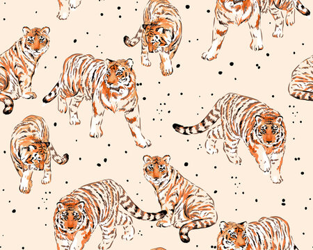Stylish fashion textile pattern with the image of wild animals Amur tigers on a beige background.