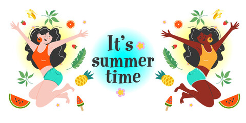 It's summer time. Happy girl among fruits and flowers. Vector summer illustration.