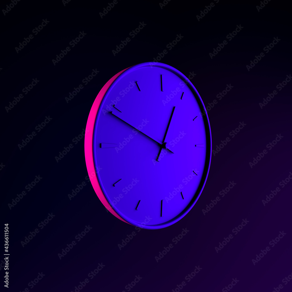Poster wall round clock neon icon. 3d rendering ui ux interface element. dark glowing symbol.