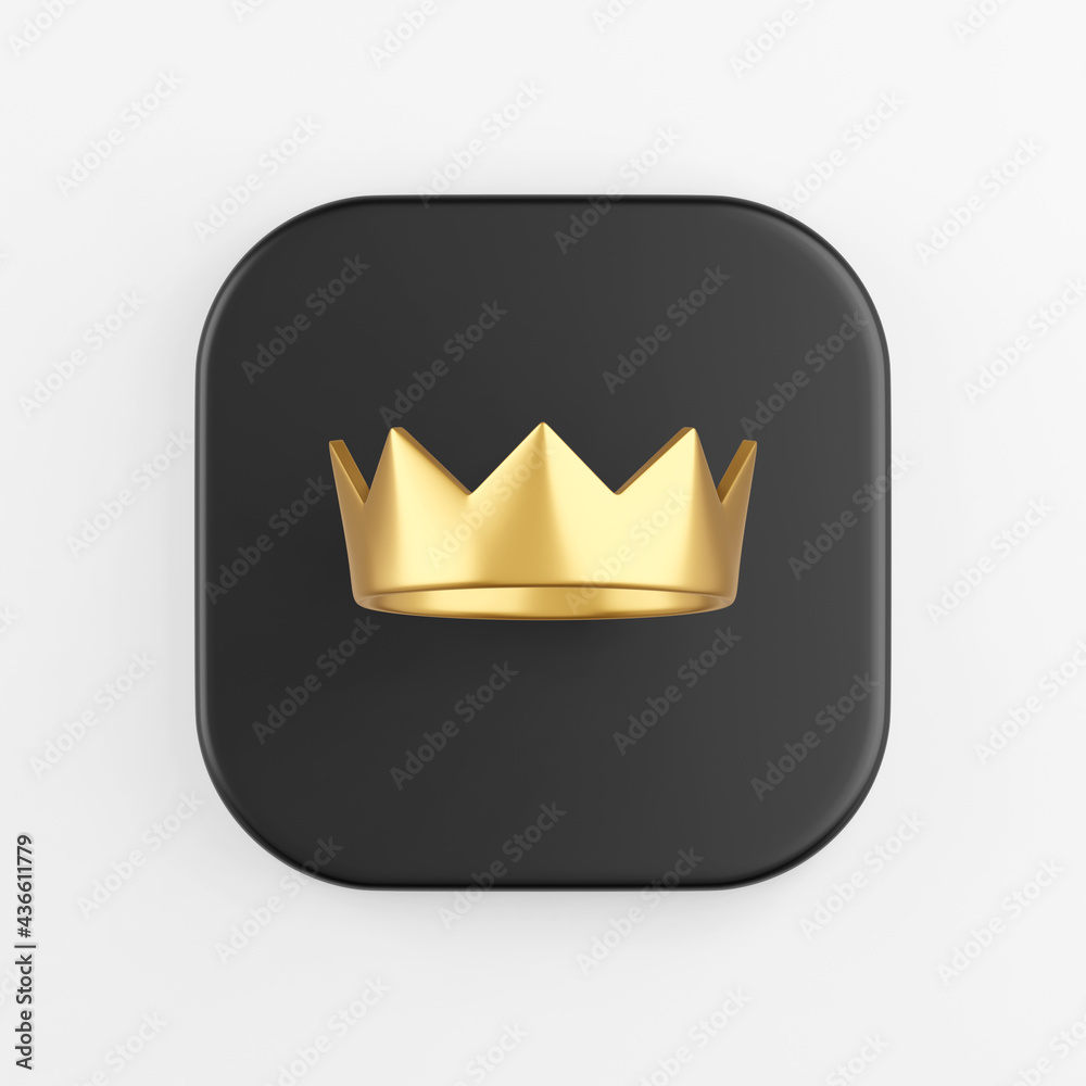Poster golden crown icon. 3d rendering of black square key button, interface ui ux element.