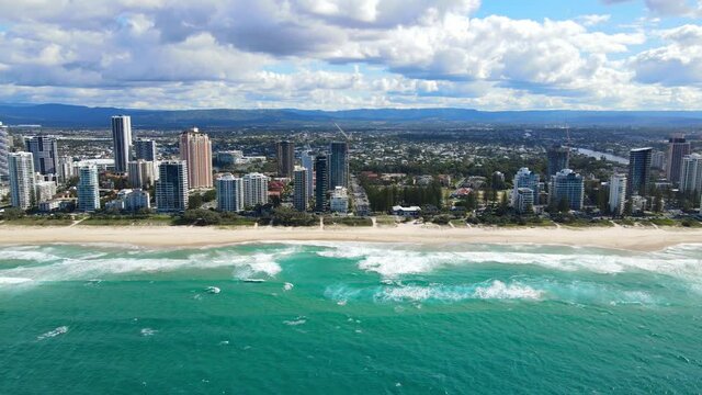 Skyscrapers Along The Seashore In Broadbeach Suburb In Queensland, Australia. aerial
