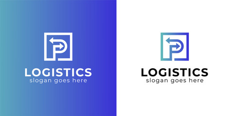 simple logo design of Letter P with arrow logo for your business. fast delivery logo. transport logistic logo template - obrazy, fototapety, plakaty