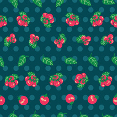 Cherry tomatos seamless pattern on turquoise background with polka dots © Elinnet