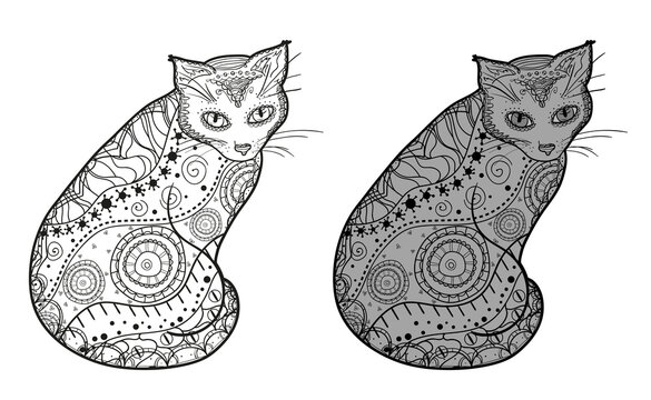 Cat. Zentangle. Hand drawn animal with abstract patterns on isolated background. Design for spiritual relaxation for adults. Outline for t-shirts. Print for polygraphy, posters and textiles
