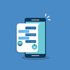 People use chat bot services, smart phone with virtual assistant. Concept of business development, sales increase, help service, customer service robot. Vector illustration