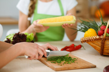 Unknown young woman slicing greens for a delicious fresh vegetarian salad while sitting and smiling at the kitchen desk, just hands, close-up. Cooking concept