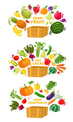 Vector set of healthy tasty food in basket. Cartoon different vegetables and fruits isolated on white, eat local products