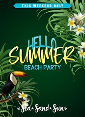 Vector summer sale banner template with tropical leaves and tukan bird.