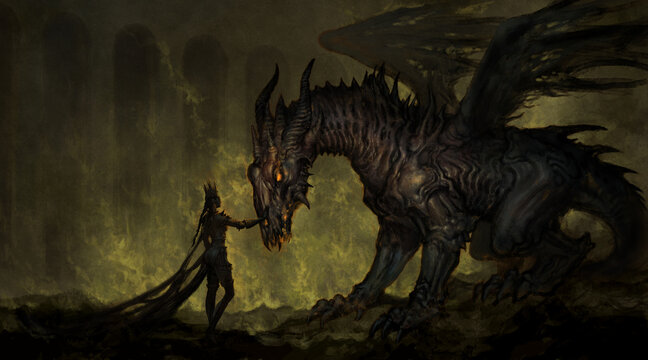 Dark queen with undead dragon - fantasy digital illustration