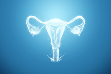 Hologram of the female organ of the uterus on a blue background. Ultrasound concept, gynecology, obstetrics, ovulation, pregnancy. 3D illustration, 3D render.