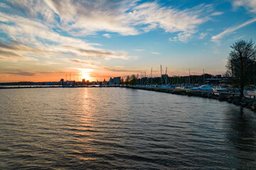 Fototapeta premium Sunset over the harbor Aerial View