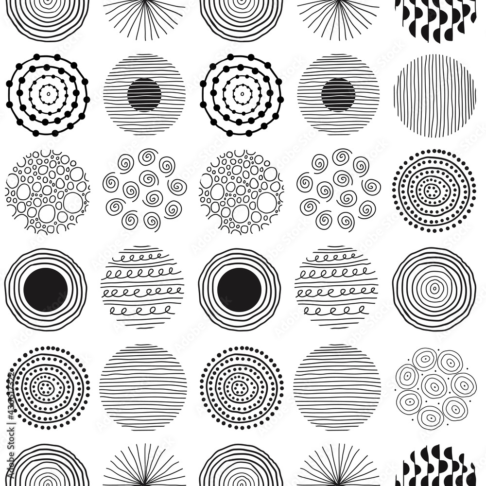 Poster Modern abstract seamless pattern with  black round shapes of lines, circles, drops on white background. Vector hand drawn illustration	