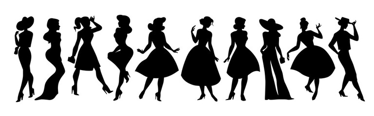 Set of stylish lady black silhouettes standing in row isolated. Beautiful models wearing different dress types in variant poses. Vector flat simple illustration. For logo, banners, emblem, badges, ad.
