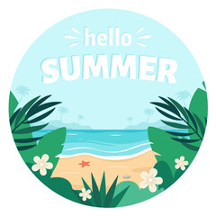 Fototapeta na wymiar Sea sand beach. Hello summer. Seashore with palms, tropical plants and flowers. Vector illustration