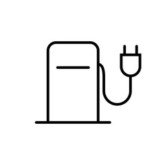 Electric car charging station black icon. Electric vehicle charger abstcract badge. Flat isolated symbol, sign for: illustration, outline, logo, mobile, app, design, web, dev, ui, ux. Vector EPS 10